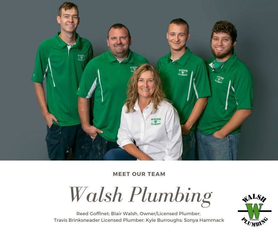 The Walsh Plumbing team: Reed Goffinet, Blair Walsh, Travis Brinksneader, Kyle Burroughs, and Sonya Hammack
